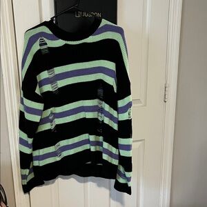 ROMWE Men's Distressed Striped Sweater - Black, Green, Purple